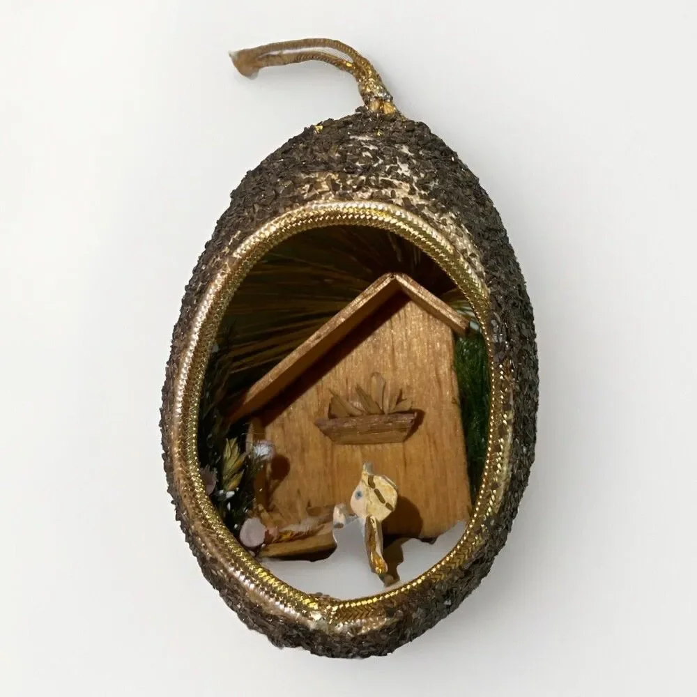 Vintage Diorama Christmas Egg Ornament Glitter Handmade Manger Scene Baby Jesus